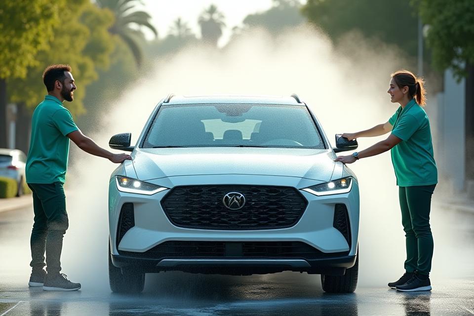 Véhicule propre avec un personnel souriant lors d'un lavage écologique